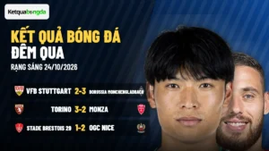 Kết quả bóng đá đêm qua 24/10/2026: Gladbach, Torino, Nice thắng